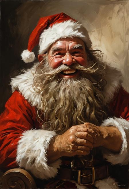 Laughing fantasy dwarf in Santa Claus costume, masterful painting in the style of Anders Zorn | Marco Mazzoni | Yuri Ivanovich, Todd McFarlane, oil on canvas