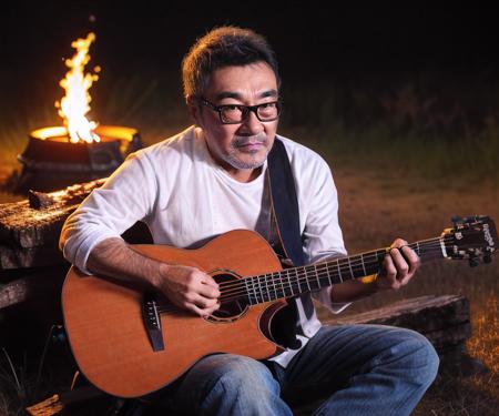 (A medium photo of a man,lzs,aged up),wearing(white shirt, jeans),(holding guitar:1.2),(sitting on wood),at night,dark,fire light,campfire,on desert,outdoors
(masterpiece) (photorealistic) (bokeh) (best quality) (detailed skin) (intricate) (8k) (HDR)
<lora:lzsV1-000016:0.8>