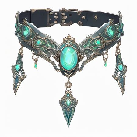 concept-sheet, A magical ornate dog collar with a luminescent ancient stone, believed to possess mystical properties, on plain background