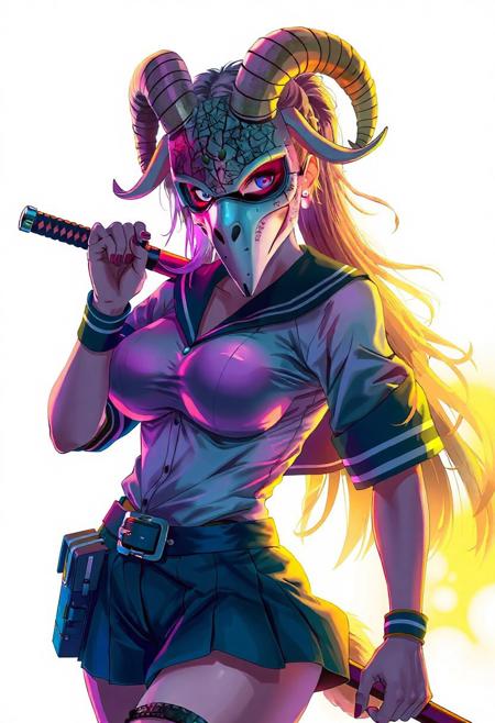 (dynamic compostion:1.2), anime style, masterpiece, best quality, amazing quality, very aesthetic, absurdres, newest, 8K,HDR,absurdres, colorful, 1girl, large breasts, action pose, ultra detailed cracked goat_mask, goat lighting, holding one katana, school uniform, harness, thigh pouch, glowing yellow goat tails, glitch art, virtual, colored shadow, geometry, local color adaptation, hdr, (chromatic aberration, polarized:1.2),