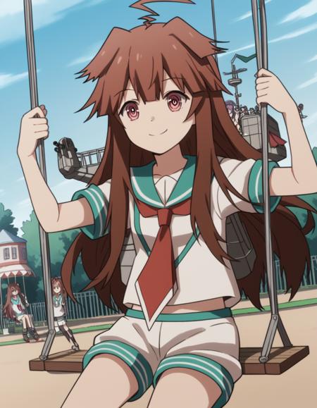 kuma, long hair, brown hair, brown eyes, ahoge, kuma (kancolle) school uniform, shorts, serafuku,