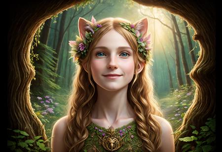 (masterpiece)+, (best quality)+, (Intricate detail)+, smiling catlike daughter of the woods, forestborn, hunter's moon, light cloud, faerie lighting