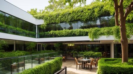 Restaurant with glass, tables and chair, green wall and (staircase:1), tree, <lora:Utopian_Interiors-05:0.5>, <lora:add_detail:0.5>