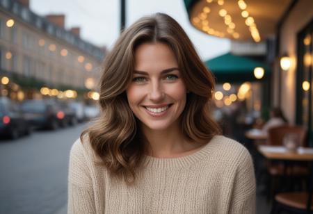 *A meticulously detailed, hyper-realistic portrait of Olivia, 35 years old, slender oval face,with softly contoured features, straight narrow nose with a gentle slopewith sun-kissed skin, bright green eyes, and a radiant smile. Her wavy, very short-length light brown hair is casually tousled,. Extremely natural skin texture, subtle wrinkles, subtle laugh lines. Her skin is natural, with subtle imperfections that enhance realism and a warm, genuine smile that reveals slightly perfect teeth.*     
The background is a cozy urban café with warm string lights and a blurred cityscape at dusk. Shot with a Hasselblad H6D-100c medium-format camera, using a tight crop and shallow depth of field (f/2.8) to emphasize the fine details of her beige woolen sweater and natural skin texture. The lighting is warm and diffused, casting a golden glow reminiscent of a Thomas Kinkade painting.*