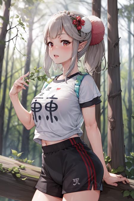 nature photography, forest, elu \(niji\), 1girl, medium breasts, sports clothing, <lyco:KitsuneAi-EluNiji-LoCon32V1-000006:1.0>