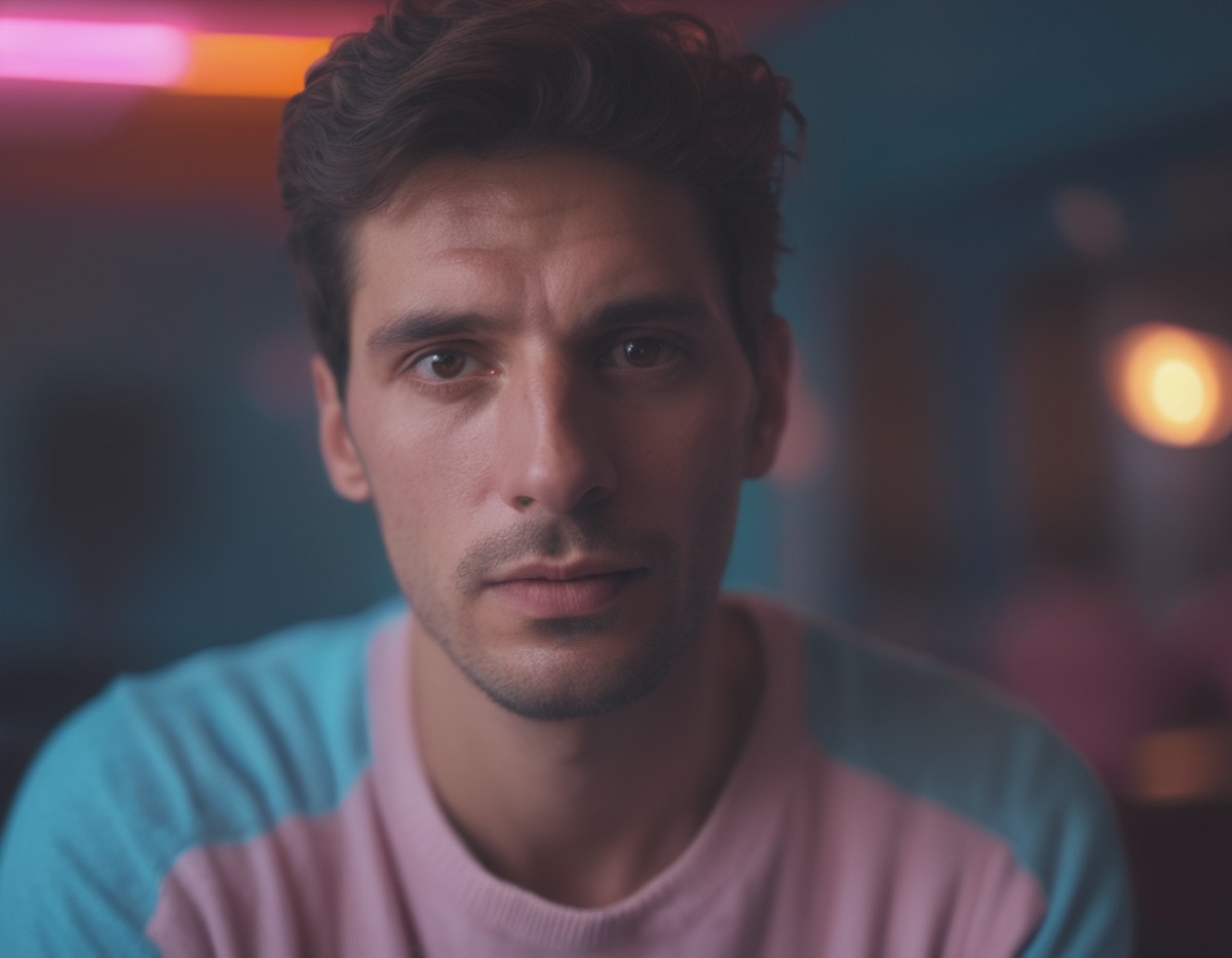 dramatic pale pink light, light blue light, close up portrait of argentinian man, cinematic film still of pink blue orange...