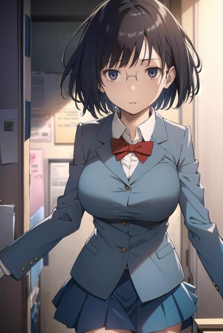 anrisonohara, <lora:anri sonohara s1-lora-nochekaiser:1>,
anri sonohara, short hair, black hair, (brown eyes:1.3), glasses, bob cut,
BREAK skirt, school uniform, shirt, white shirt, collared shirt, blazer, blue blazer, bow, red bow, blue skirt,
BREAK indoors, classroom,
BREAK looking at viewer, (cowboy shot:1.5),
BREAK <lyco:GoodHands-beta2:1>, (masterpiece:1.2), best quality, high resolution, unity 8k wallpaper, (illustration:0.8), (beautiful detailed eyes:1.6), extremely detailed face, perfect lighting, extremely detailed CG, (perfect hands, perfect anatomy),