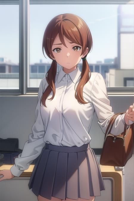 himaritakanashi, <lora:himari takanashi s1-lora-nochekaiser:1>,
himari takanashi, brown hair, twintails, (brown eyes:1.3), low twintails,
BREAK skirt, shirt, school uniform, white shirt, pleated skirt, brown skirt,
BREAK indoors, classroom,
BREAK looking at viewer, (cowboy shot:1.5),
BREAK <lyco:GoodHands-beta2:1>, (masterpiece:1.2), best quality, high resolution, unity 8k wallpaper, (illustration:0.8), (beautiful detailed eyes:1.6), extremely detailed face, perfect lighting, extremely detailed CG, (perfect hands, perfect anatomy),