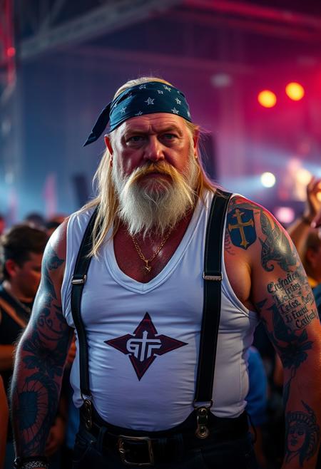 Cinematic gloomy atmosphere, old tall big strong mature German grandpa musclechub,  at a heavy metal festival at night dusk, he is standing in the crowd with an energetic powerful dynamic protagonist pose ready to have a partY, he is wearing a sleeveless white v-neck muscle-tshirt with a band logo on it, suspenders and a black leather belt, small golden ring earring, golden chain necklace, his arms are full covered in saturated colourful tattoos, long blonde hair, broad round manly face with a double chin and rough skin, deep blue eyes, he is wearing a blue bandana covering his forehead, his skin is covered in sweat and shiny reflecting light, his skin is also tanned and shiny