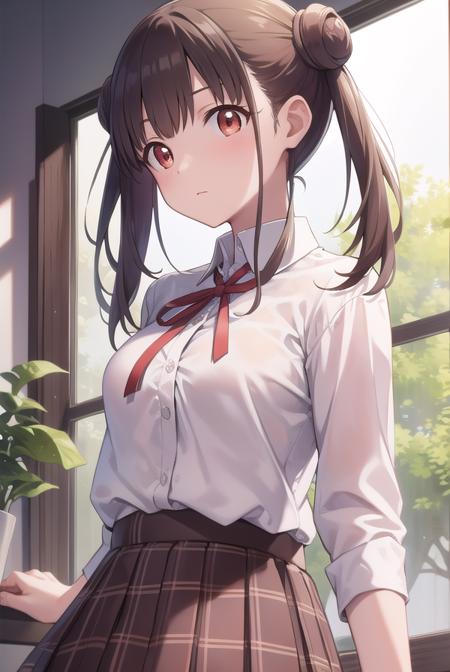 chiyokosonoda, <lyco:chiyokosonoda-lyco-nochekaiser:1>,
chiyoko sonoda, brown hair, (red eyes:1.5), hair bun, long hair, double bun, sidelocks,
BREAK brown skirt, buttons, collared shirt, dress shirt, miniskirt, neck ribbon, plaid, plaid skirt, pleated skirt, ribbon, school uniform, shirt, skirt, white shirt, yellow ribbon,
BREAK indoors, classroom,
BREAK looking at viewer, cowboy shot,
BREAK <lyco:GoodHands-beta2:1>, (masterpiece:1.2), best quality, high resolution, unity 8k wallpaper, (illustration:0.8), (beautiful detailed eyes:1.6), extremely detailed face, perfect lighting, extremely detailed CG, (perfect hands, perfect anatomy),