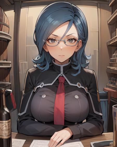 best quality, (masterpiece:1.2), illustration, absurdres,  
(1girl), (solo), (beautiful detailed girl), (upper body, portrait),
<lora:SonyaV2-000009:1>, Sonya Baelz, blue hair, medium hair, grey eyes, large breasts, half-frame glasses, gray glasses,
uniform, grey suit,, black skirt, pencil skirt, black pantyhose, grey high heels, red necktie,
looking at viewer, serious,
inside intricate pawn shop, general store, fantasy medieval store, table, boxes, bottles, crates, barrels,