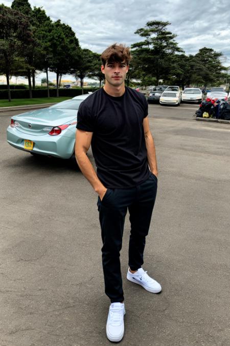 a handsome guy, open_shirt, he is wearing black pants, upper body, 28yo, caucasian, <lora:darelljones:1>, darelljones, ultra realistic, highres, solo, american man, outdoors, street city, car park, chill vibe, <lora:add_detail:0.7>, add detail, (close_up), male focus, (masterpiece,best quality:1.5)