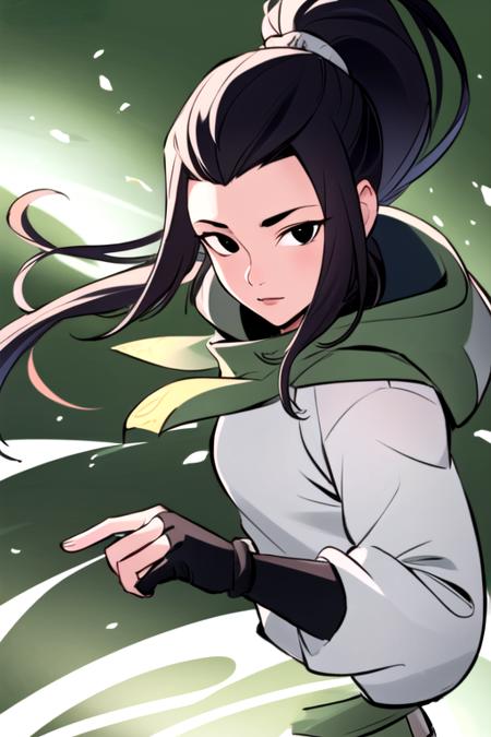 masterpiece, best quality, <lora:hamato_karai:0.7>  1girl, solo, looking at viewer, black hair, long hair, ponytail, black eyes, ponytail, hood down, white shirt, fingerless gloves, elbow gloves, black gloves, long sleeves, green background, green light, glowing, forehead, shoulder pads, pelvic curtain, sash,  detailed, raytracing, ultra detailed,detailed face, 8k wallpaper,