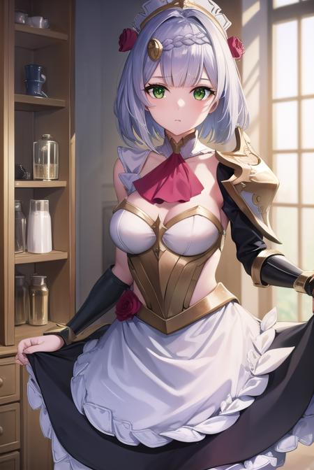 noelle, braid, flower, hair flower, hair ornament, short hair, silver hair, (green eyes:1.5), apron, armor, ascot, black pantyhose, black skirt, dress, gauntlets, gold trim, headdress, long sleeves, maid, maid apron, maid headdress, pantyhose, pauldrons, shoulder armor, skirt, strap,