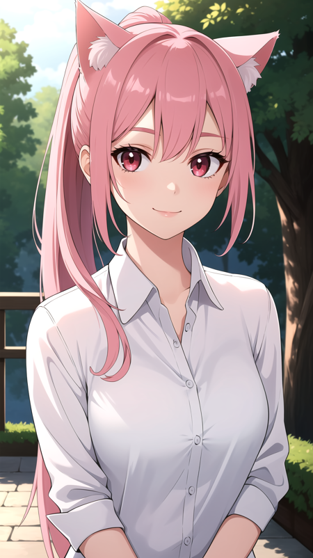 (best quality:1.1), (masterpiece:1.2), high quality shadow, beautiful detailed, beautiful face, detailed eyes, depth of field, highres, best shadow, best illumination,  1girl, looking at viewer, pink hair, ponytail, long hair, red eyes, light smile, cat ears, dress, dress shirt, outdoors,