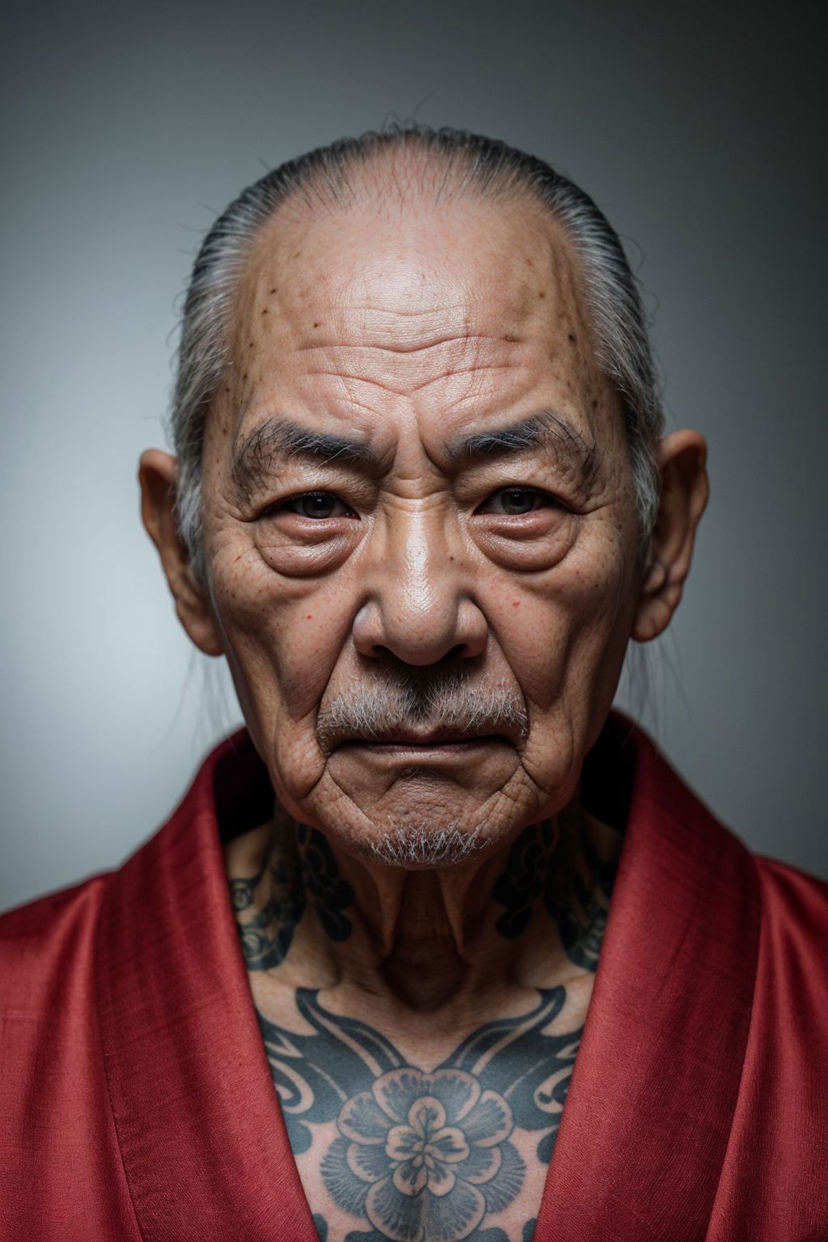 Old man with long hair and tattoos wearing a red robe.