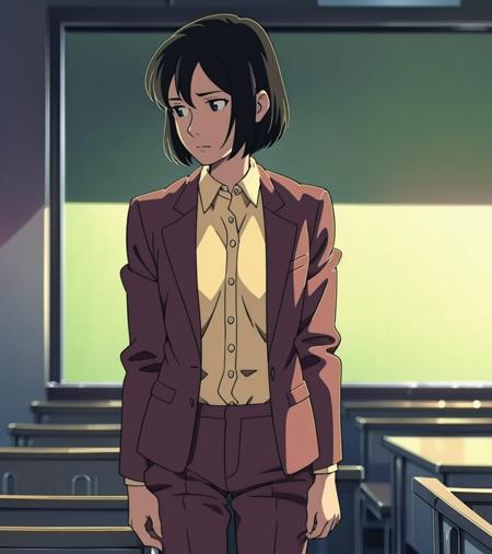 <lora:YukGow:1> YukGow woman standing in an empty classroom, desks, messy black hair, skinny, suit top, pants, soft focus,
anime art style, masterpiece, 1girl, solo