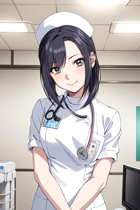 (RAW photo, best quality), wide angle photo, masterpiece, 1girl,  natural lighting, smile,
hospital, operating room, 
(((White))) nurse uniform smooth, nurse, nurse hat, stethoscope  <lora:NurseUniform0_1:0.8>,
<lora:innai_kansen_hikami_saeko_v1_2:1>,  hikami saeko,