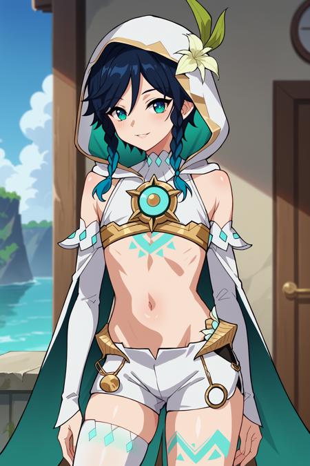 venti, gradient hair, dark blue hair, green hair, twin braids, green eyes alternate costume, croptop, hood, white short shorts, tight detached sleeves, single thighhigh, leg tattoo