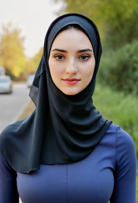 photo of abby_shapiro wearing a headscarf, burqua, niqab, upper body, skintight clothing, (large breasts), parted lips, soft lighting, natural skin, film grain, sharp focus, bokeh, depth of field, <lora:abby_shapiro_20:0.85>