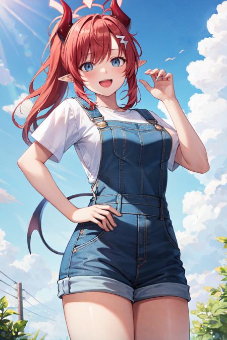 megu ba, looking at viewer, large breasts, shorts, blue eyes, 1girl, cloud, short sleeves, sky, smile, thighs, hair ornament, white shirt, solo, halo, :d, outdoors, horns, blue sky, demon horns, red hair, long hair, pointy ears, ponytail, shirt, ahoge, open mouth, cowboy shot, overalls, overall shorts<lora:megu_ba:1>