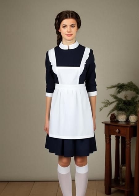 A woman 20 years old,in a Soviet school uniform with a white apron exudes an image of discipline and seriousness. Her uniform consists of a simple dress, often navy blue or black, with a white collar and cuffs. A school badge may be located on the chest. She can wear tall white socks and dressy black shoes. Hair neatly combed or gathered in a bun. A girl in a Soviet school uniform looks modest and old-fashioned, but also carries the spirit of discipline and respect for education, perfect face, ((sovietForm)),  <lora:sovietForm:0.75>