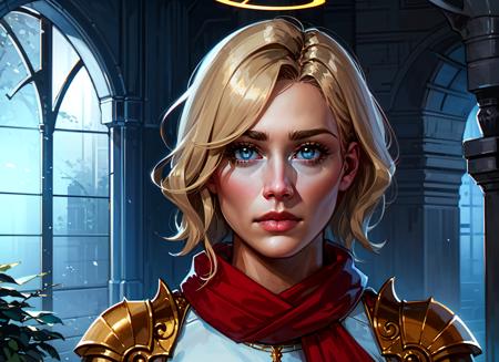 1girl, portrait of beautiful paladin, short blonde hair, parted bangs, white eyes, glowing eyes, white armored dress, pauldrons, glowing halo, red scarf, night, dark temple indoors, stone wall, bookshelf, window, looking at viewer, dark atmosphere, particles, fog, mist, volumetric lighting, best quality, masterpiece, intricate details, tonemapping, sharp focus, very detailed, trending on Artstation, realistic, chromatic aberration, <lora:sxz-chromata-v1:0.8>