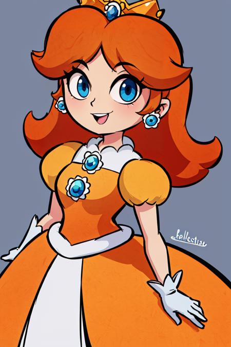 (masterpiece, best quality), 1girl,   <lora:princessdaisy-lora-nochekaiser:1> princess daisy, blue eyes, long hair, orange hair, crown, daisy, dress, flower, gem, gloves, orange dress, puffy short sleeves, puffy sleeves, short sleeves, white gloves,smiling,