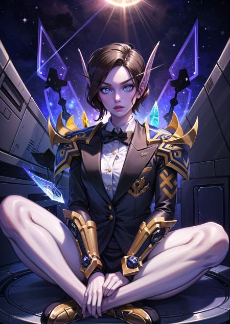 (1girl, light brown hair very short hair tri tails, laser eyes, , surprised) (digital) (crossed legs indian style in detailed space station, (tuxedo)) , best quality, <lora:boldline:0.2>  <lora:hairdetailer:0.2> pointy ears, colored skin, blue skin, glowing, armor, voidelf, <lora:voidelf:1>