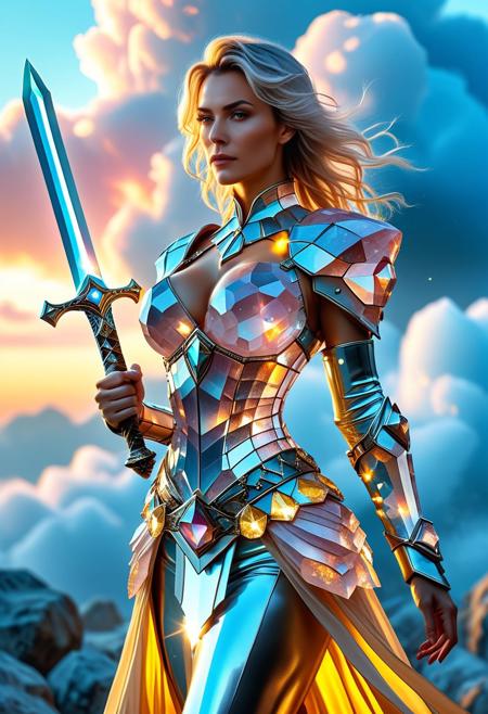 (masterpiece), (best quality), (masterpiece:1.5), source anime, anime style, a middle-aged beautiful french woman dons a large, silver, warlock-style armor with huge breast adorned with shimmering yellow crystals. She wields an oversized sword with a hilt encrusted with various shades of gem stones, enhancing its mystical aura. Her outfit, reminiscent of dark fantasy and magic, is accented with quartz and crystals, adding a whimsical touch to her menacing appearance. The character stands against a backdrop of swirling, nebulous clouds and a hexagonal structure with vibrant yellow hues reflecting off its surface, surrounded by smaller pieces of quartz and crystals. <lora:rosequartzjade:0.55> reij-rsqrtzjd <lora:Fluorite_Mineral_SDXL:0.55> fluorite mineral, flu0rite, iridiscent <lora:ral-crztlgls:0.55> ral-crztlgls <lora:MJ52:0.45> <lora:MJ52_v2.0:0.65>, masterful composition, dynamic volumetric lighting, ray_tracing, reflection,