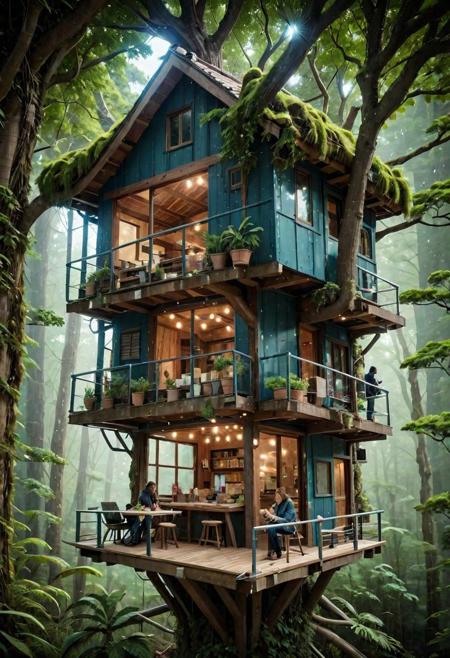A small vendor selling coffee and snacks, with a bar, surrounding an adult woman in dirty clothes sitting in a green treehouse, creating a hyperpunk scene with desaturated  brown and dark blue details, colorful (polaroid:0.7) with vibrant colors, (vacations, high resolution:1.3), (small, selective focus, european film:1.2), (sexual advance:1.1), closeup,
[signal light|emergency light|red light|red light|green light|neon light_light signal, chart|analysis chart|monitoring screen |Various indicators|marquee|head-up display_LED signage, observation window|main window|side window_window, handle|indicator|window|slogan|light signal_hatch, leather seat|helmet|adjuster|headset| Pedal_Driver's Seat:0.4],
[Metal|Leather|Flash|Neon|Glass|Screen|carpaint_Detailed Texture: 0.7],
(sci-fi:1.2), (futuristic:1.2), (dystopian:1.1), (realistic:1.2), (industrial:1.2),(mecha:1.1), 
OverallDetail, great lighting, zoya, clear, scifiurban, treehouse