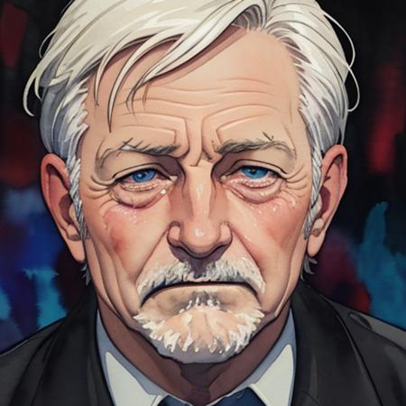 (((watercolour)) painting), close-up portrait of an old man crying, sad, ((tears)), dramatic lighting, bokeh, dark background, ((brush strokes)), (splashes), anime, flat