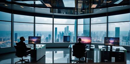 A modern city, reflective glass, viewed from a cryptocurrency exchange office in a skyscraper. four gient digital screens are on the office walls and showing market charts. lots of people sitting on desks working with computers and big monitors in the office. Fantasy style. Fantasy dreamlike art. Atmospheric, rustic, moody.Video installation