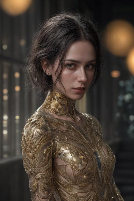 Raw Photo of planetary explorer of harsh alien worlds, wearing transparent, ((translucent), gold filigree biomechanical suit, gold filigree gloves, ((light bokeh)), intricate, elegant, sharp focus, soft lighting, vibrant colors, masterpiece, detailed face, intricate details, cinematic shot on Nikon z9 mirrorless camera, ultra realistic, (art by Darek Zabrocki and Giger and Cedric Peyravernay),  (detailed exterior sci-fi environment :1.4), Dystopian, photorealistic, epic, highly detailed eyes, eyes are identical and symmetrical  <lora:more_details:0.9> ((eye contact)), looking at viewer