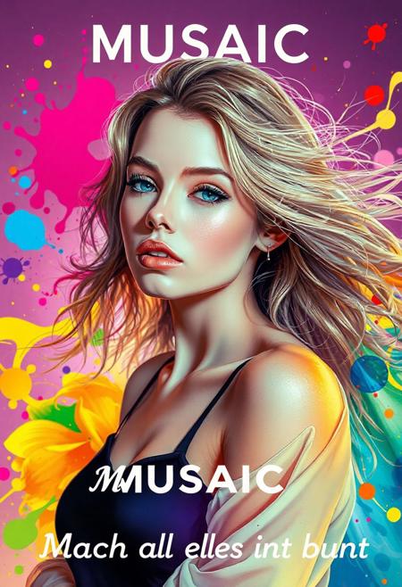 high quality design aesthetics, disco, synth pop, detailed, pop album cover, colorful splashes, flowing colors, beautiful young white woman, artist name "MUSAIC", album title "Mach alles bunt"
