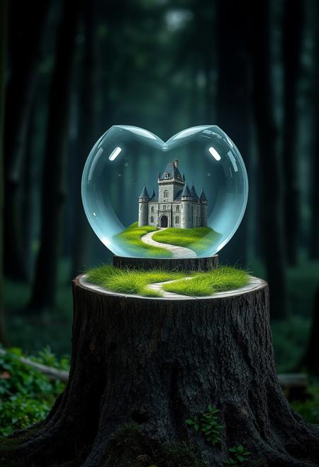 In the dark old forest, on a large sawn tree stump, stood a heart-shaped crystal ball. Inside the crystal ball was an old castle, surrounded by green grass, and a winding path in the grass led directly from the stump to the castle. Background blurring, stage lighting, illusory light spots.