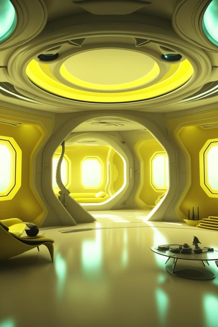 award winning interior design of a house on alien planet, yellow  color scheme , futuristic, detailed , futuristic_interior ,