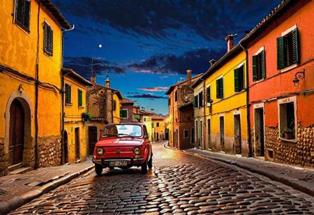 ASCIINighttime scene, dusty roads, italian-style fiat 127 car advancing through a cul-de-sac italian quarter, wooden single-storey self-made houses frame the street, chiaroscuro effect, digital painting, silhouetted figures, moody atmosphere, warm and cool color contrast, masterpiece by van gogh, 4k textures, ultra detailed