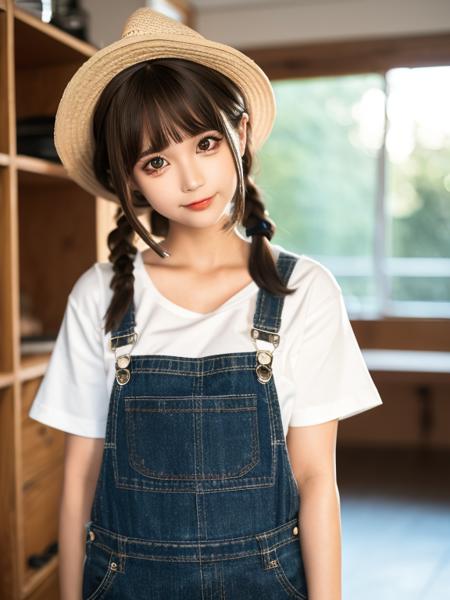 <lora:chunmmfullbody_v1:0.7>, SFW, chunmomo, 1girl, solo, brown hair, shirt, realistic, overalls, white shirt, long hair, bangs, looking at viewer, brown eyes, short sleeves, smile, head tilt, blunt bangs, blurry, hat, indoors, closed mouth