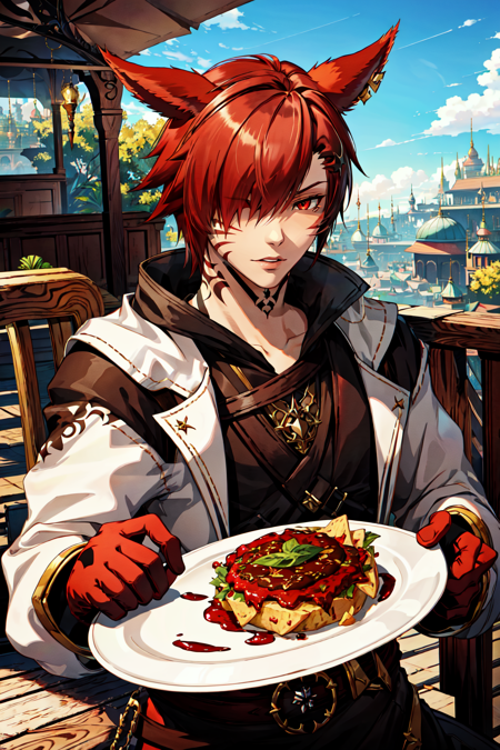 <lora:FFXIV_TrailerCG:0.8> FFXIV Trailer CG, solo, short hair, brown hair, hair ornament, red eyes, 1boy, holding, animal ears, male focus, red hair, outdoors, food, sky, day, cat ears, hair over one eye, tattoo, facial mark, holding food, slit pupils, portrait, androgynous, realistic, miqo'te, cat boy, neck tattoo, G'raha Tia