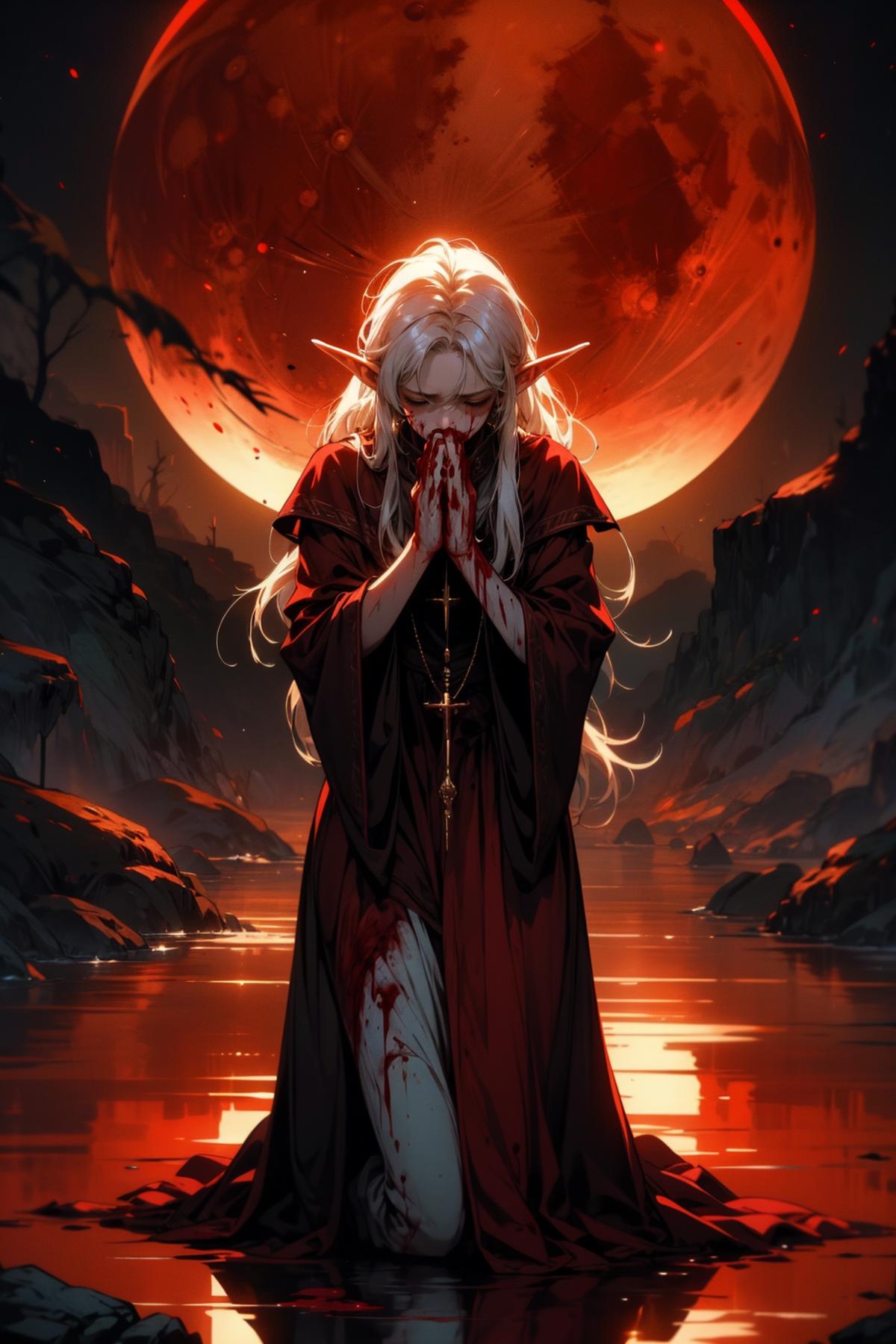 A painting of a woman with long blonde hair praying in front of a moon.
