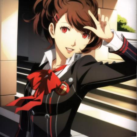 Kotone Shiomi, masterpiece, 1 girl, Persona style, Kotone Shiomi, brown hair, red eyes, red bowtie, cheerfull smile, impeller, hair clip, in a school courtyard