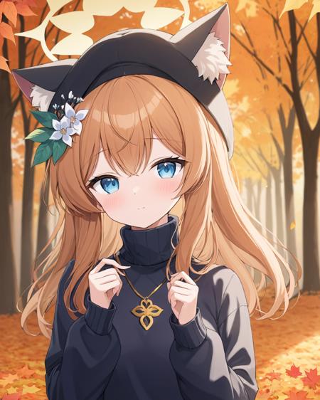 mari \(blue archive\),1girl, solo, autumn_leaves, holding_leaf, halo, looking_at_viewer, animal_ear_fluff, maple_leaf, beret, long_sleeves, outdoors, autumn, tree, upper_body, depth_of_field, turtleneck_sweater, blush, hat_flower, black_headwear, alternate_costume, blurry_background
<lora:mari_(blue_archive)_image2498_2023-11-28-000008:1>halo. gorgeous,key visual, vibrant, studio anime,award-winning, professional, highly detailed,high budget, cinemascope