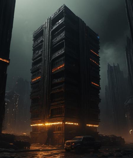 <lora:HellAI_XL:1> DonMH311XL, HellAI, monster,fire,  dark, darkness, stygical, eerie, ((best quality)), ((masterpiece)), ((realistic,digital art)), (hyper detailed), Virtual Reality Architectural Visualization Studio,  cyberpunk, sci-fi, gloomy, octane rendering, raytracing, volumetric lighting, Backlit,Rim Lighting, 8K, HDR,                 black & yellow, industrial, heavy duty, modular,           Office Buildings, Conglomerate stone, science fiction, building, architecture