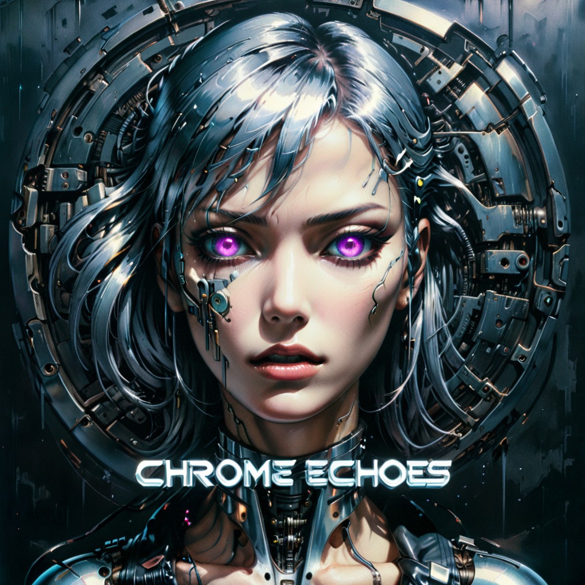 <lora:Harrlogos_v2.0:1> CHROME ECHOES text logo, album cover art by hajime sorayama, cyberpunk, lighting creates a bleak a...