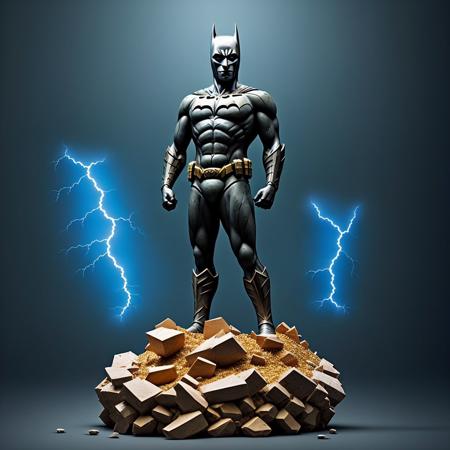 mdjrny-shttr, broken statue of batman made of (marble:1.1) with golden inlays with (blue lightnings:1.3) on background, floating stones from statue, hyper-realism, best quality <lora:broken rocks:0.6>, hyper-realism, best quality