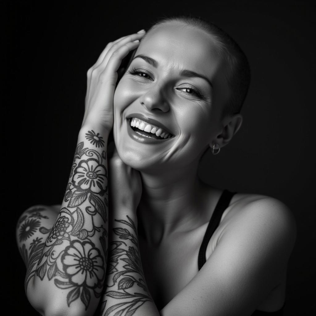 A joyful, bald woman with intricate floral tattoos covering her arm and hand is laughing freely, her head tilted slightly, with her hand resting on her scalp. The image is in black and white, highlighting her expressive face and detailed tattoos. The background is minimalistic and dark, making the subject stand out. The lighting is soft, casting gentle shadows, emphasizing her sharp features and the intricate patterns of her tattoos. The mood is carefree and natural, capturing the beauty in her genuine smile and artistic body art.