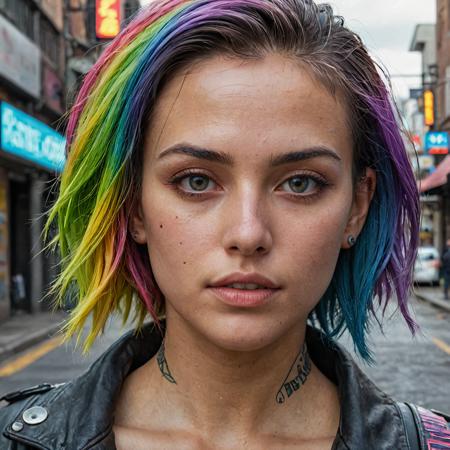 epic realistic, DV_Karah_Vicious, cyberpunk lanscape, ultra realistic, cinematic lighting, ultra detailed, detailed gorgeous face, beautiful girl, olive skin, medium length rainbow hair, simetric face, good anatomy, deusamelada, (Masterpiece:1. 3), (best quality:1. 3), <lora:add_detail:0. 4> <lora:epi_noiseoffset2:0. 4> <lora:hairdetailer:0. 6> <lora:more_details:0. 3> <lora:add-detail-xl:1. 2> <lora:DetailedEyes_V3:1. 2> <lora:sd_xl_offset_example-lora_1. 0:1. 2>, (natural skin texture, hyperrealism, soft light, muted colors), background, rutkowski, rim light