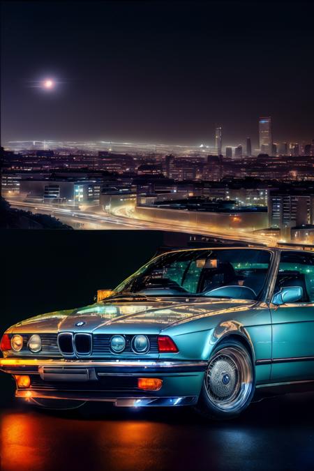 ((realistic photo of a  car, night city in background)),  <lora:BMW7E32:0.8> BMW7E32 , (masterpiece), (extremely detailed CG unity 8k wallpaper), Intricate, ((photorealistic)),, high quality, Fujifilm XT3,