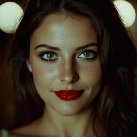 cinematic film still of  <lora:Dark Cinematic Film Style v1:0.7>
a creepy woman with long hair and a red lip and creepy werewolf eyes, chiaroscuro film style, perfect cinematic image, perfect body, perfect anatomy, sharp detailed cinematic image, high quality cinematic photography, dark cinematic film style, 1girl, solo, looking at viewer, smile, brown hair, closed mouth, brown eyes, green eyes, yellow eyes, eyelashes, lips, makeup, portrait, lipstick, close-up, freckles, realistic, red lips, photorealistic, closeup, Kodak film
, shallow depth of field, vignette, highly detailed, high budget, bokeh, cinemascope, moody, epic, gorgeous, film grain, grainy